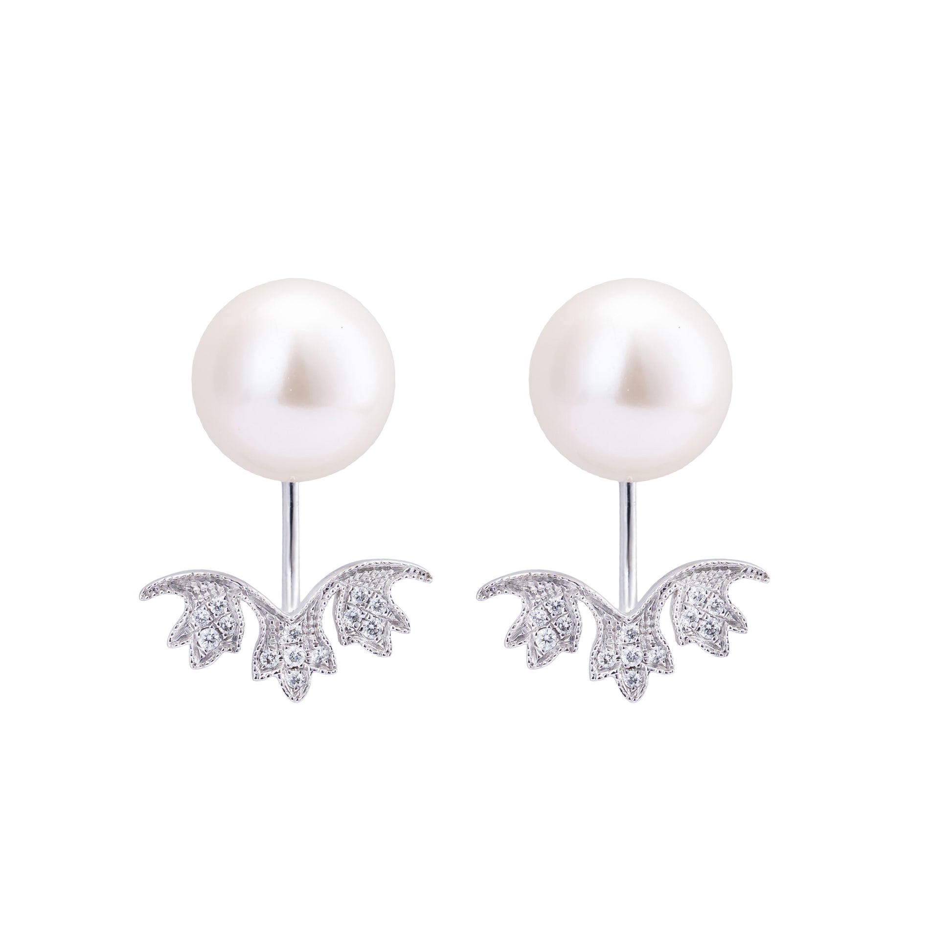 Ostara | Fresh Water Pearl Studs with Signature Leaf Motif Platinum Diamond Jacket