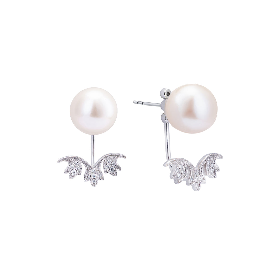 Ostara | Fresh Water Pearl Studs with Signature Leaf Motif Platinum Diamond Jacket