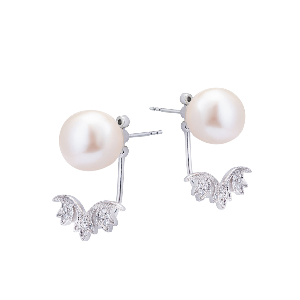 Ostara | Fresh Water Pearl Studs with Signature Leaf Motif Platinum Diamond Jacket