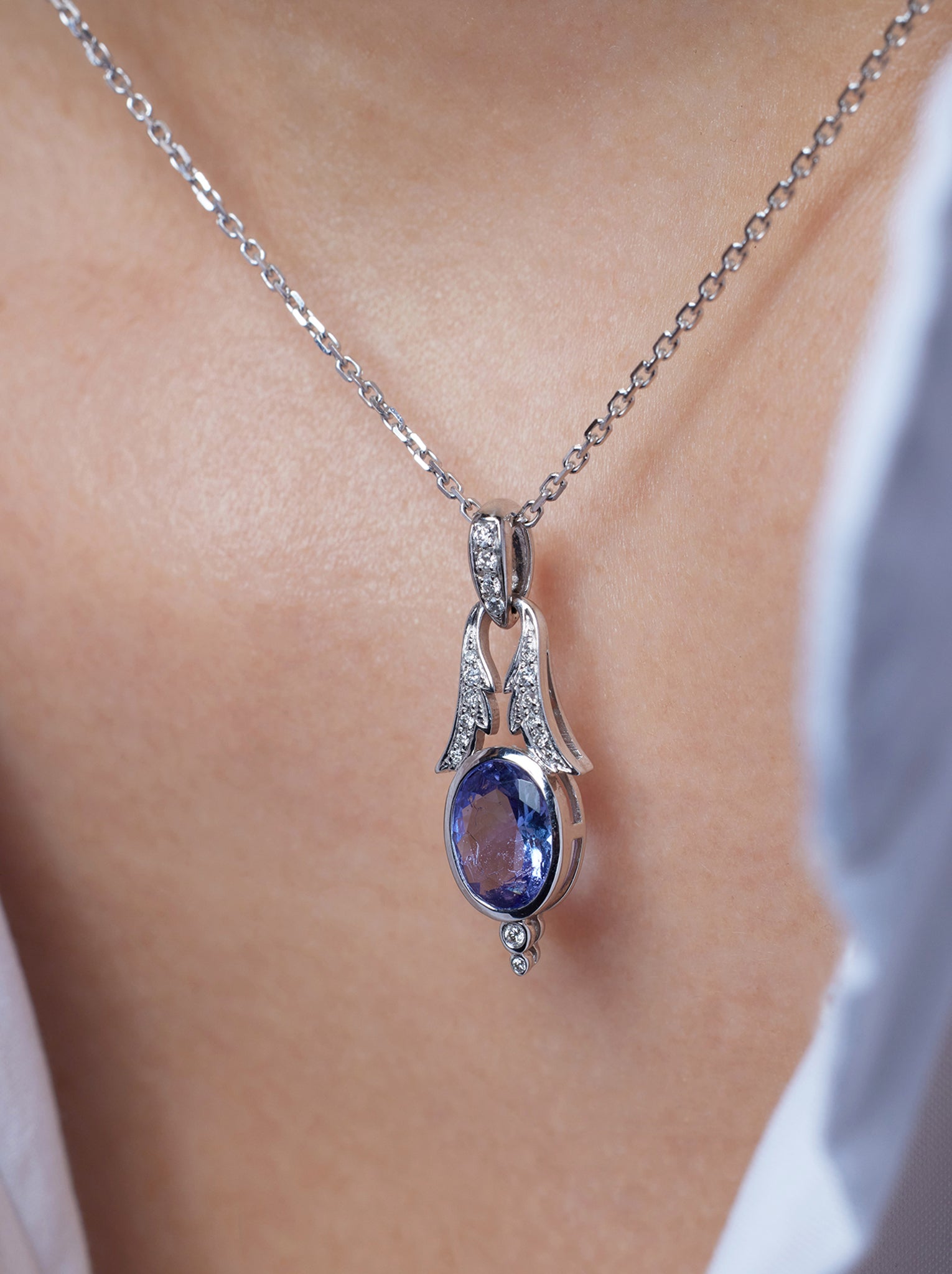Elegant tanzanite and diamond necklace with Acanthus design from Ostara Jewelry