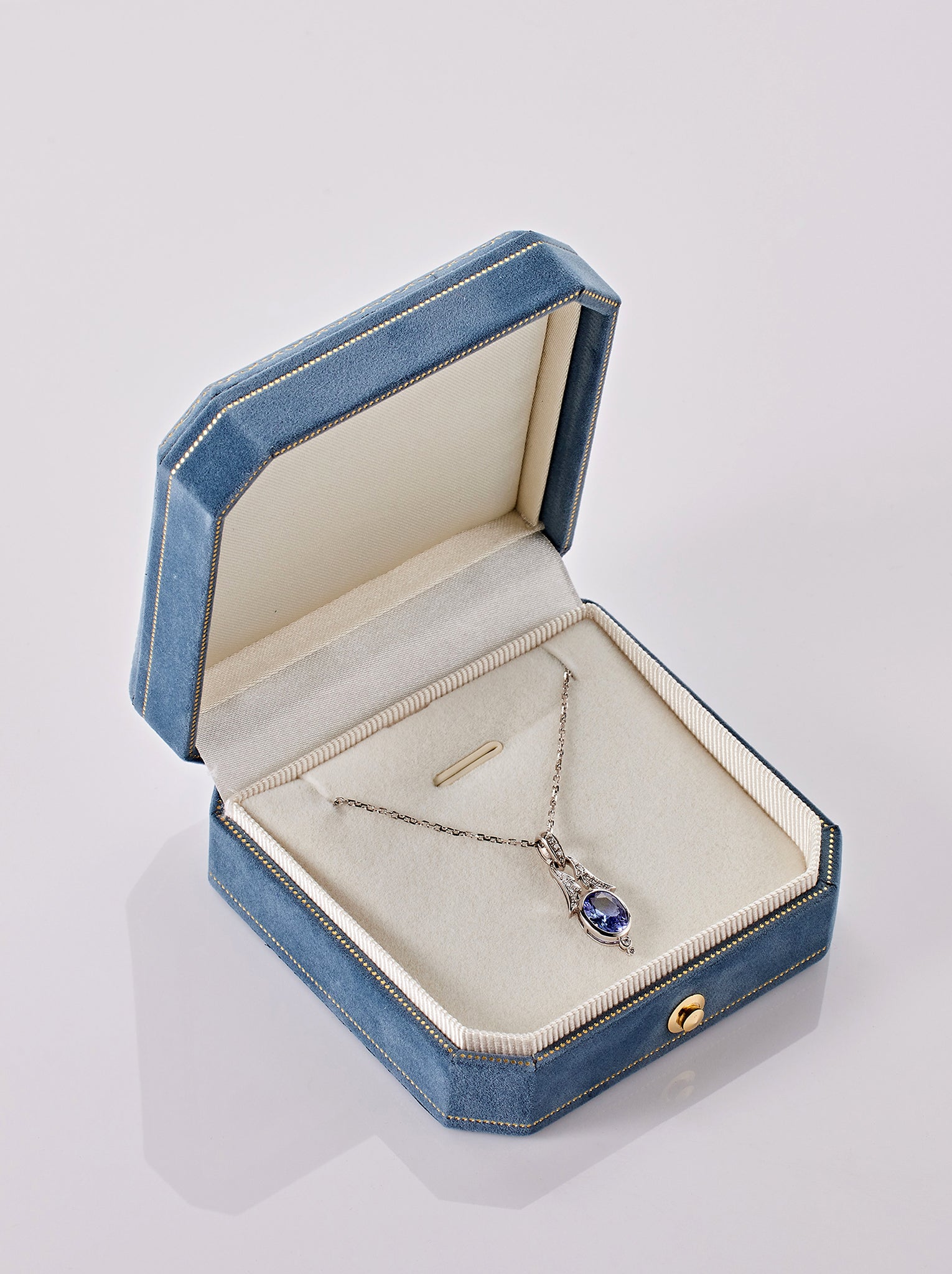 Elegant tanzanite and diamond necklace with Acanthus design from Ostara Jewelry