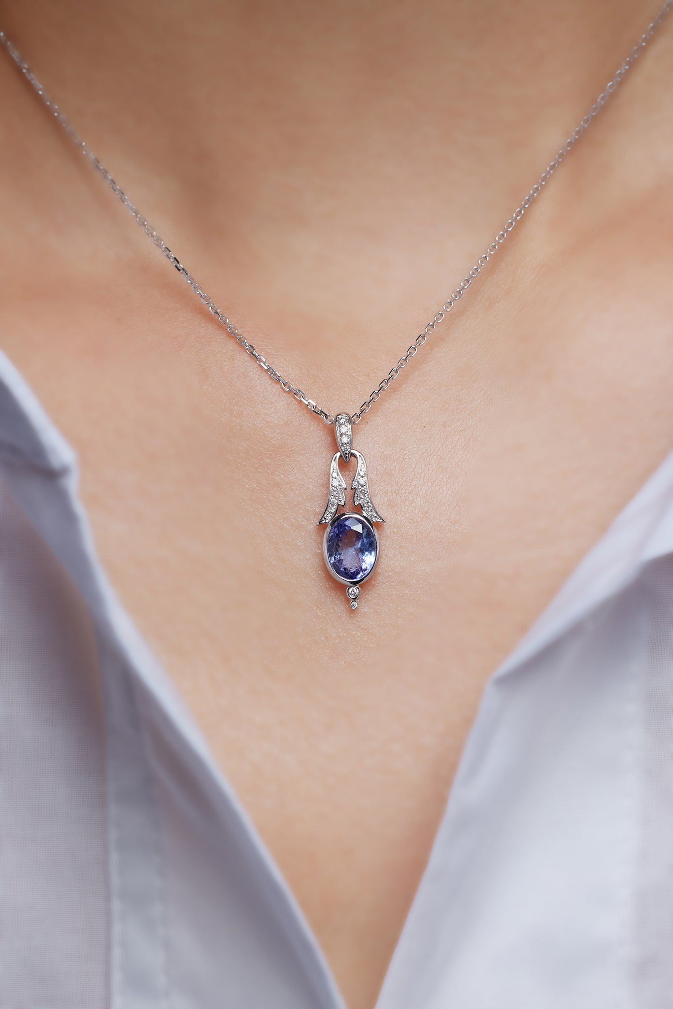 Elegant tanzanite and diamond necklace with Acanthus design from Ostara Jewelry
