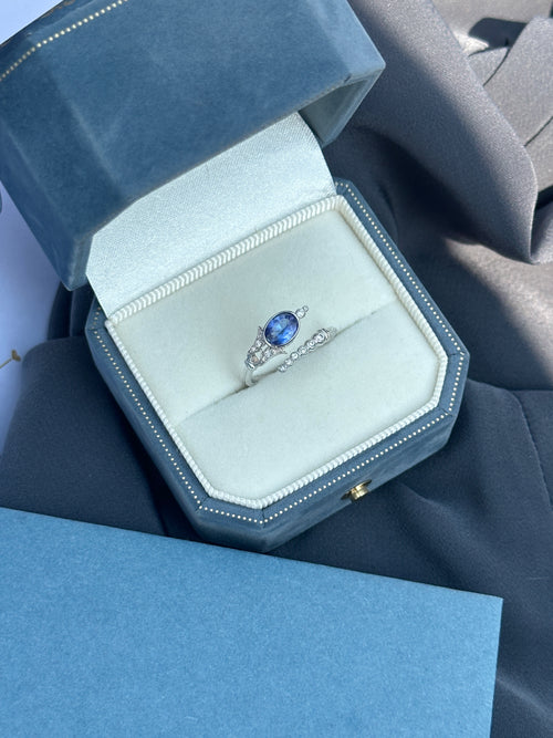 Tanzanite and diamond ring featuring vintage-style Acanthus design by Ostara Jewelry