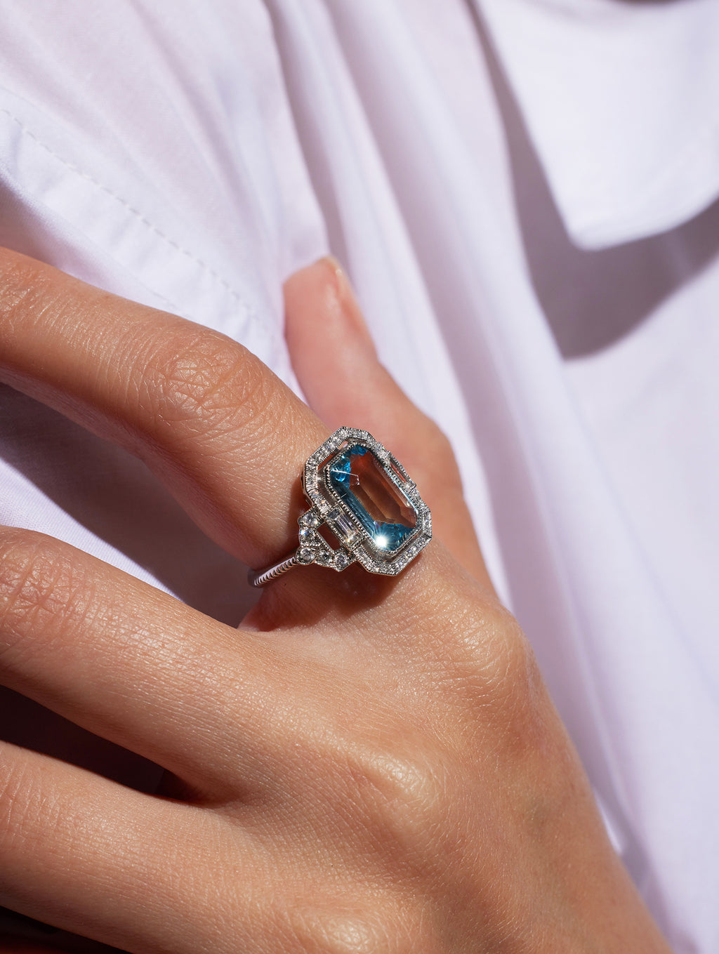 Aquamarine and diamond ring in platinum, Art Deco inspired design by Ostara Jewelry