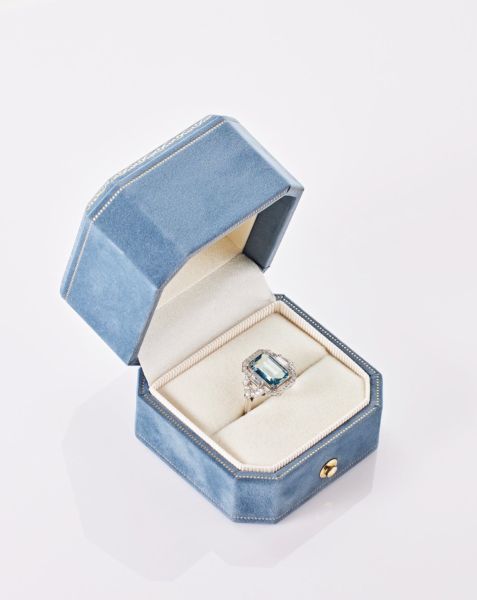 Aquamarine and diamond ring in platinum, Art Deco inspired design by Ostara Jewelry