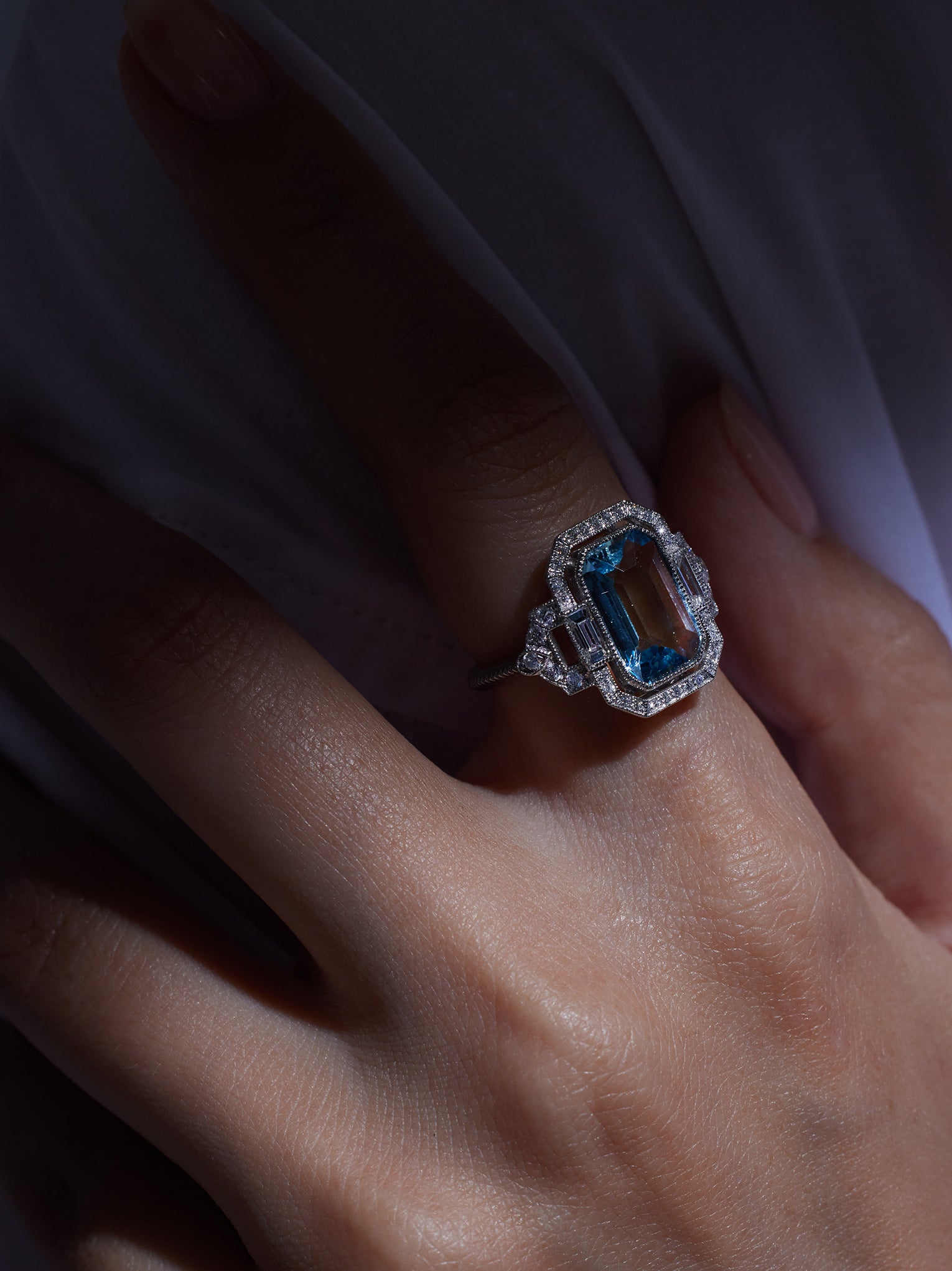 Aquamarine and diamond ring in platinum, Art Deco inspired design by Ostara Jewelry