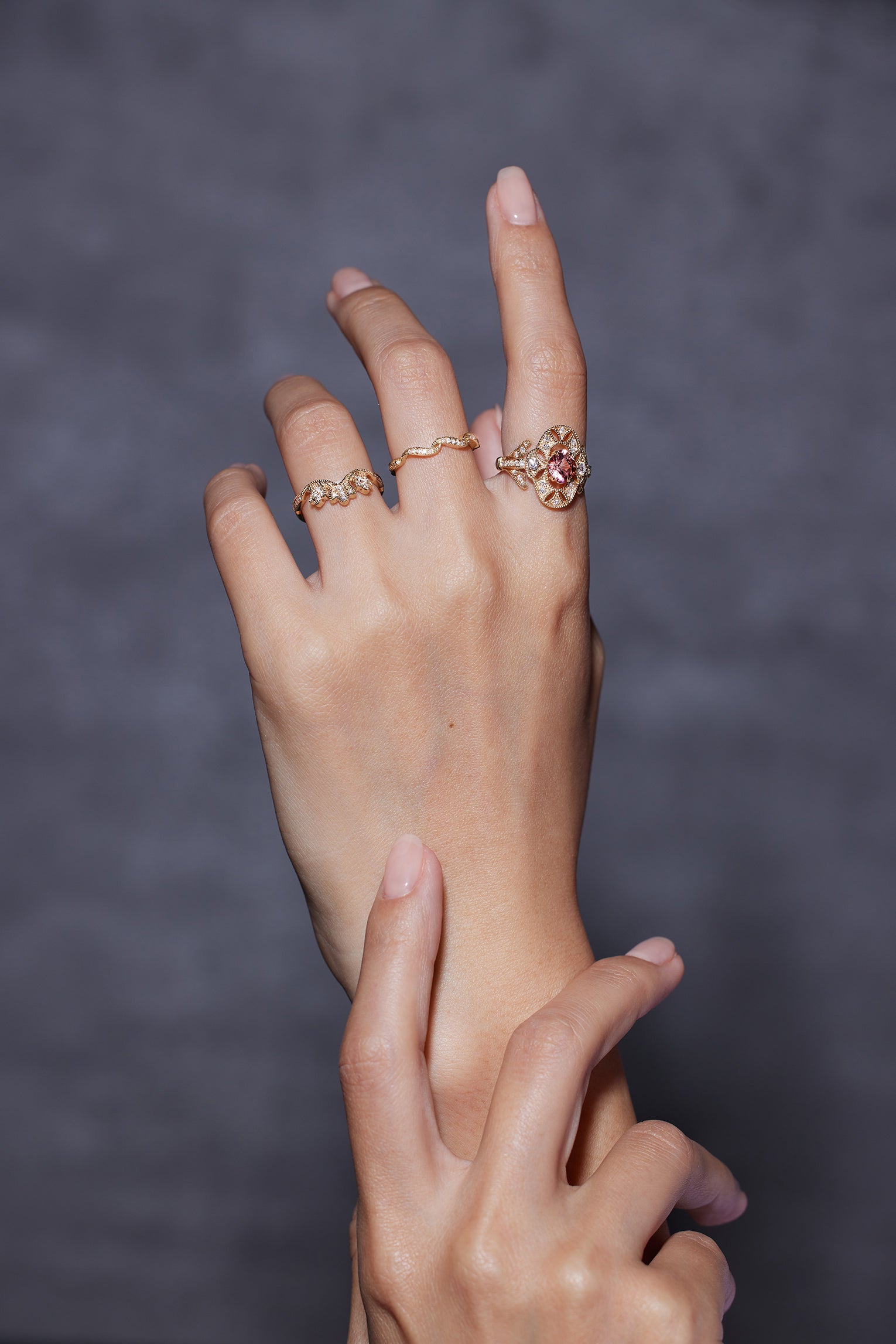 Pink Tourmaline and diamond ring in 18K gold from Ostara’s Flower of Life collection