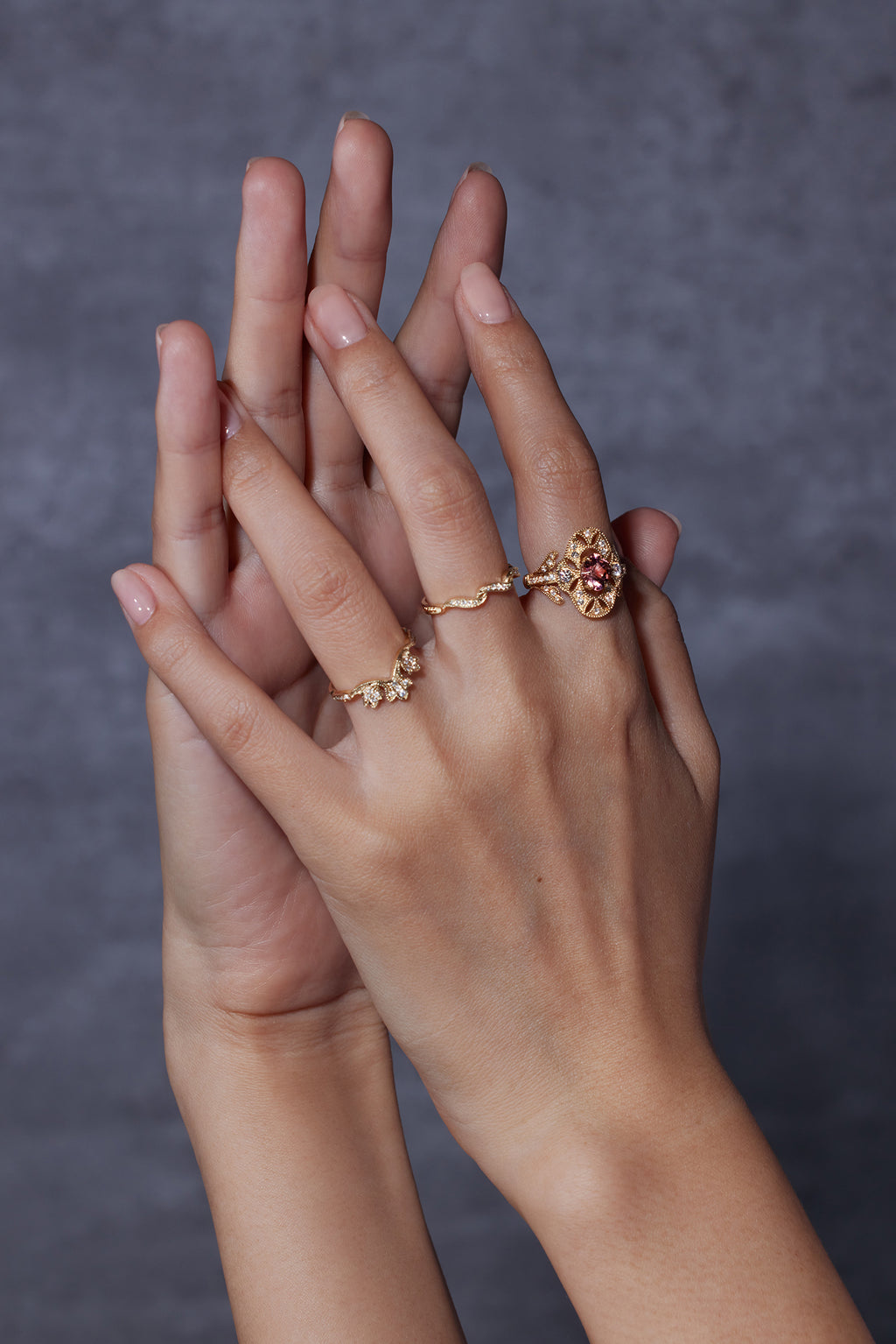 Pink Tourmaline and diamond ring in 18K gold from Ostara’s Flower of Life collection