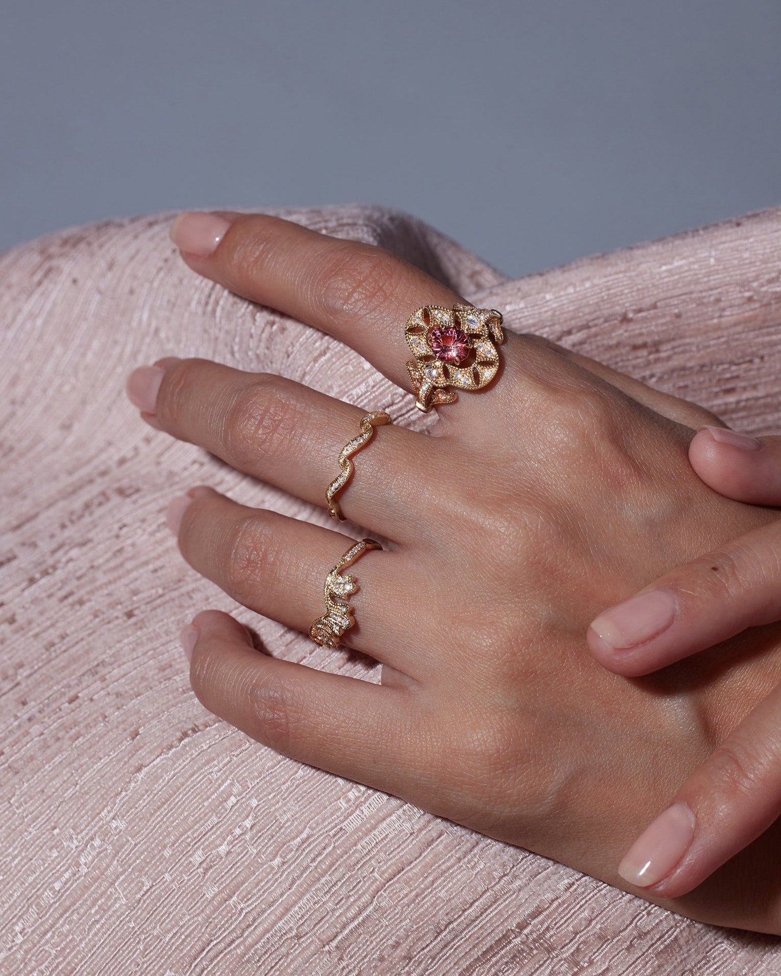 Pink Tourmaline and diamond ring in 18K gold from Ostara’s Flower of Life collection