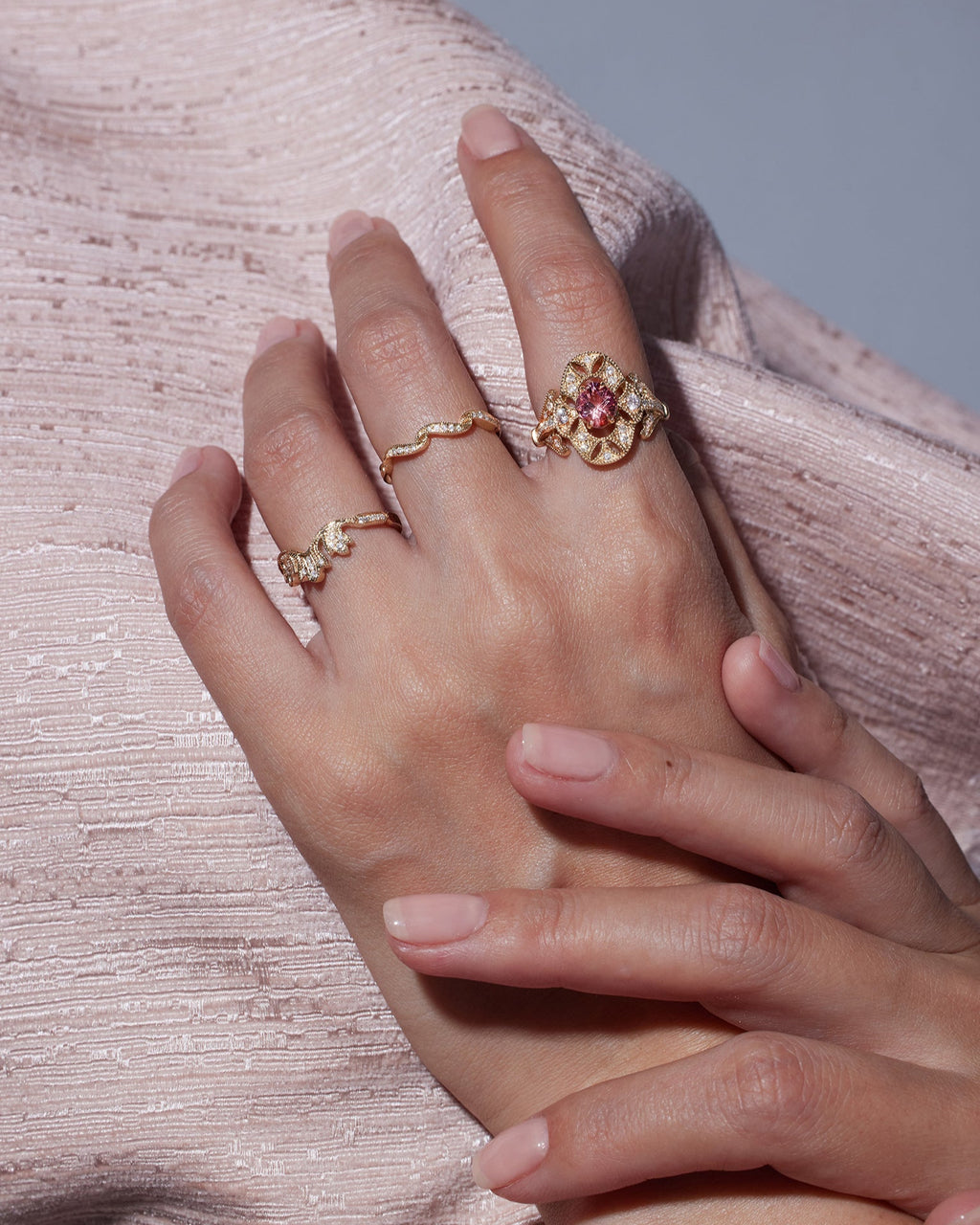 Pink Tourmaline and diamond ring in 18K gold from Ostara’s Flower of Life collection