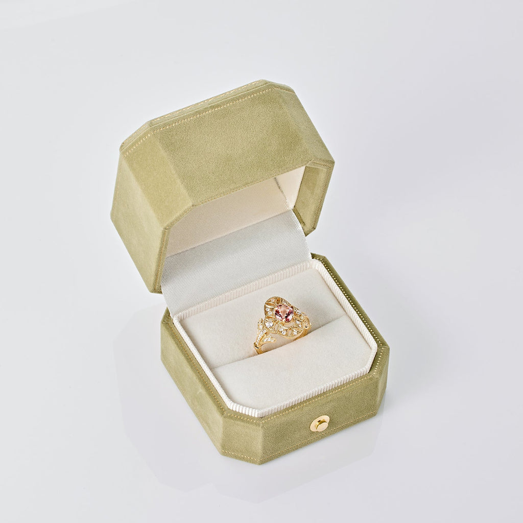 Pink Tourmaline and diamond ring in 18K gold from Ostara’s Flower of Life collection