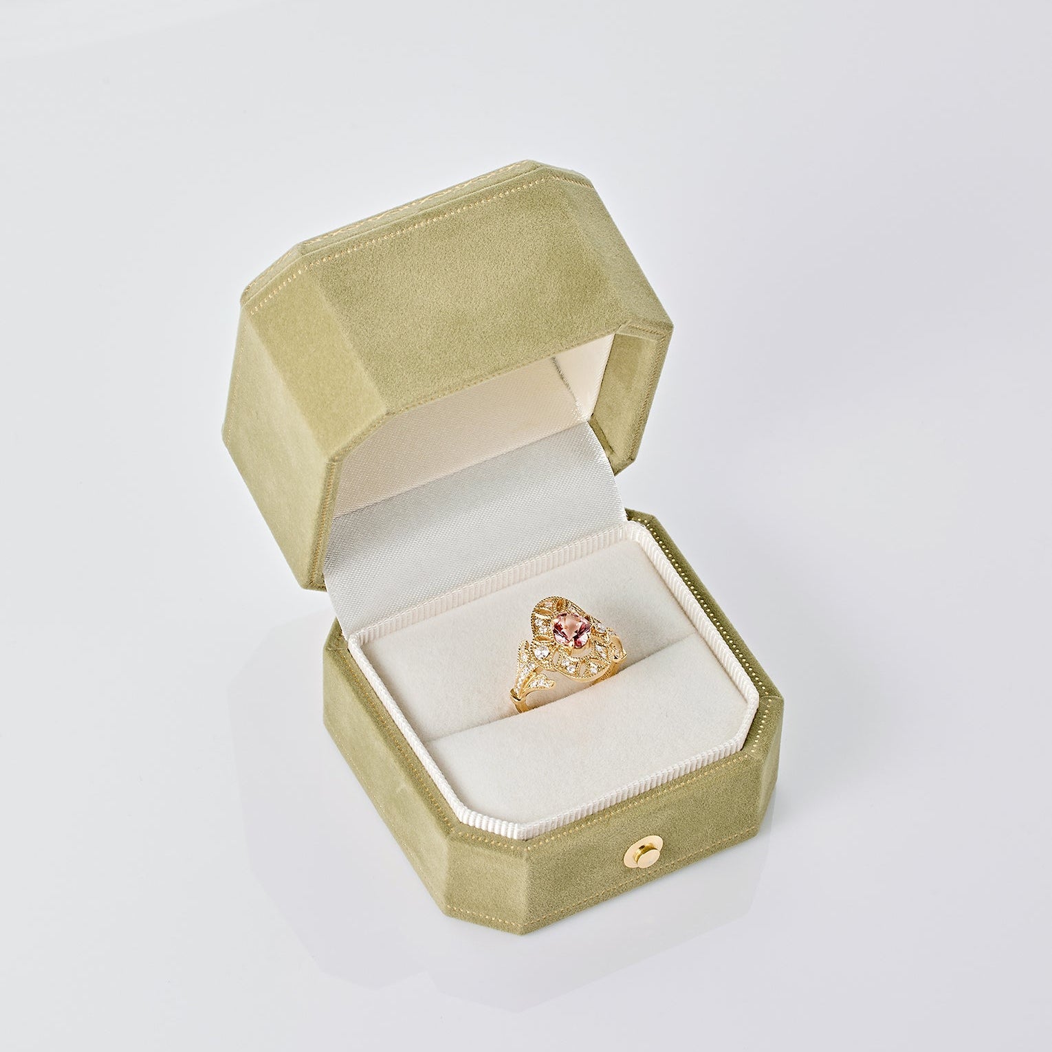 Pink Tourmaline and diamond ring in 18K gold from Ostara’s Flower of Life collection