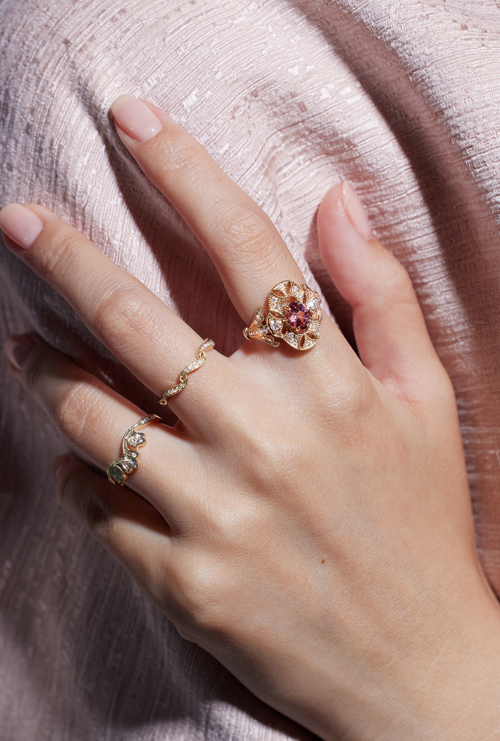 Pink Tourmaline and diamond ring in 18K gold from Ostara’s Flower of Life collection