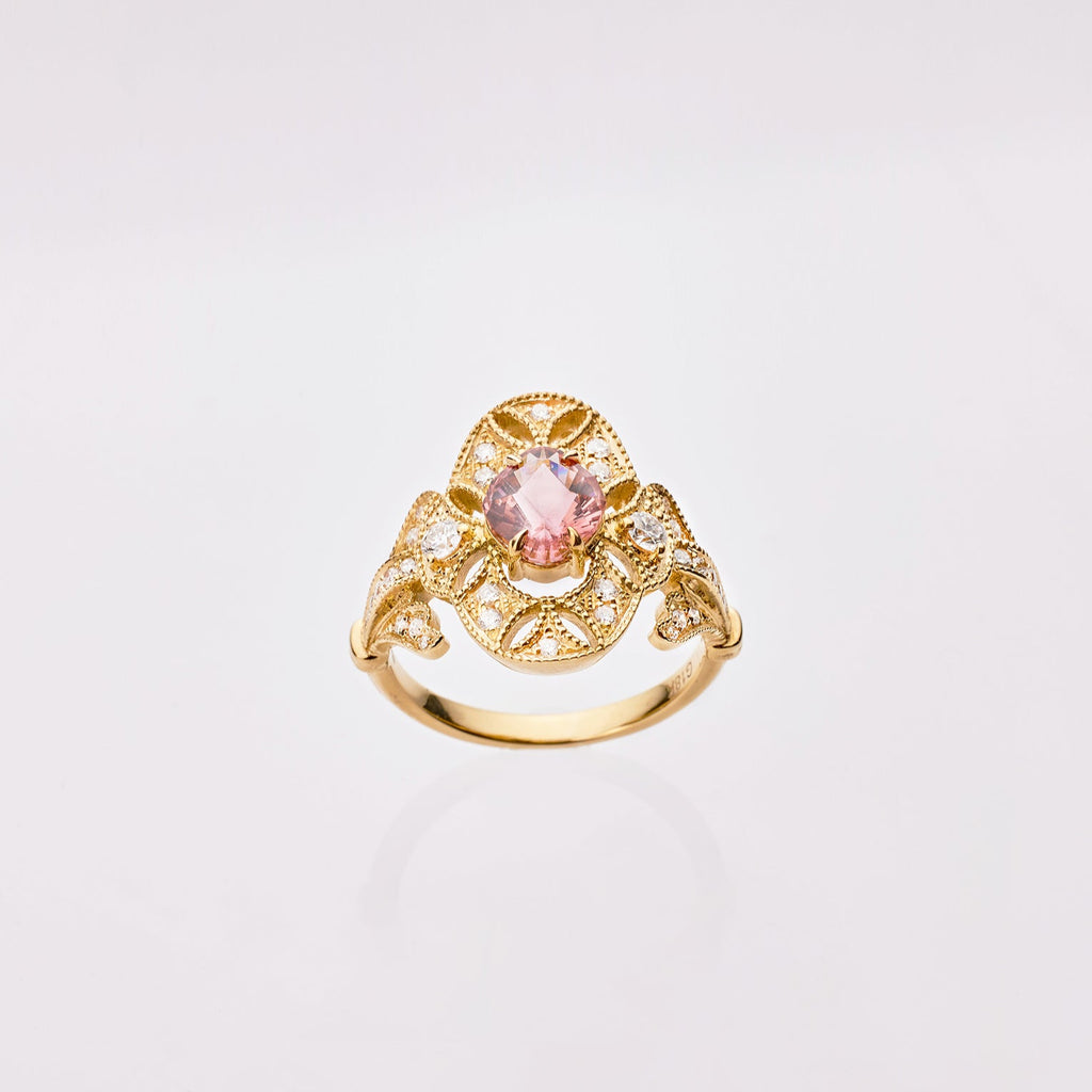 Pink Tourmaline and diamond ring in 18K gold from Ostara’s Flower of Life collection