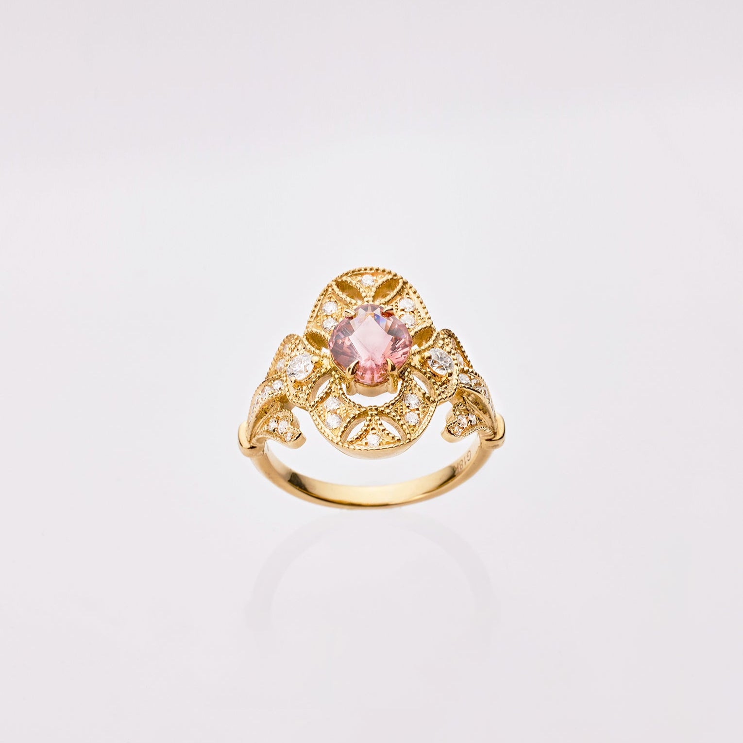 Pink Tourmaline and diamond ring in 18K gold from Ostara’s Flower of Life collection