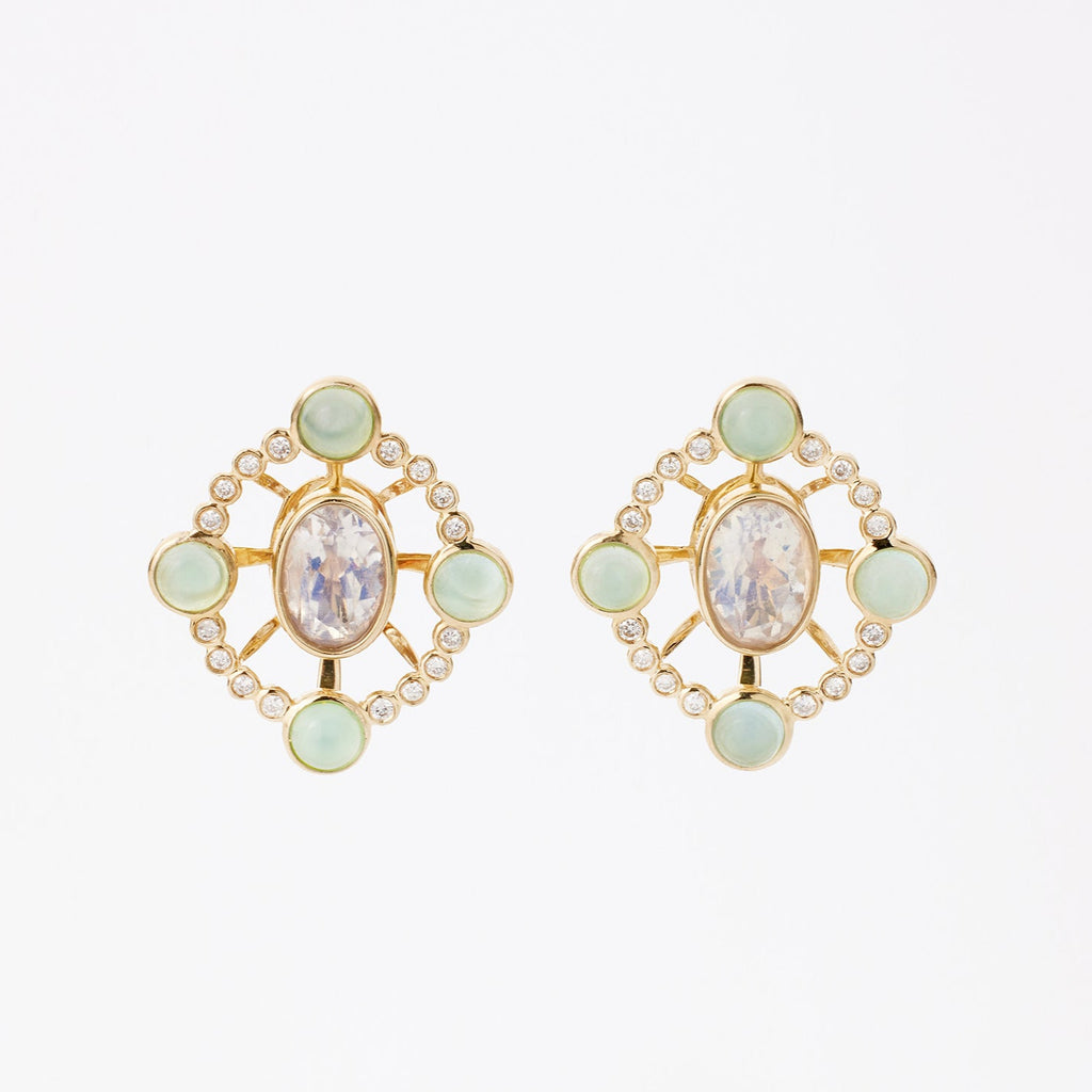 Convertible diamond earrings from Ostara’s Roma collection with moonstone studs; center stone can be customized